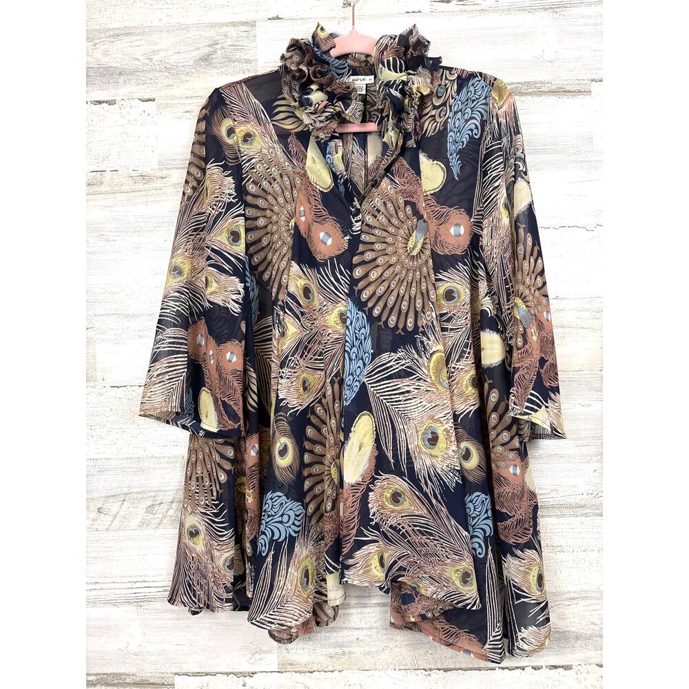 Jaipur Womens M Peacock Print Tunic Blouse Retro Boho Ruffle Neck Lightweight